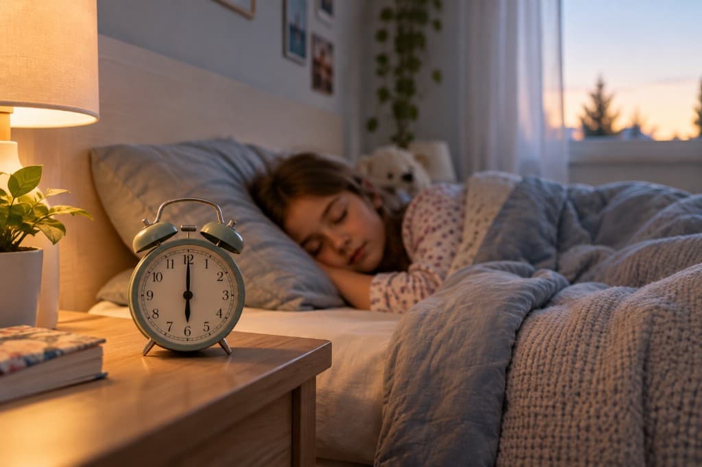 A sleeping child and bedside alarm clock, standing in for optional rest hours and daily limits