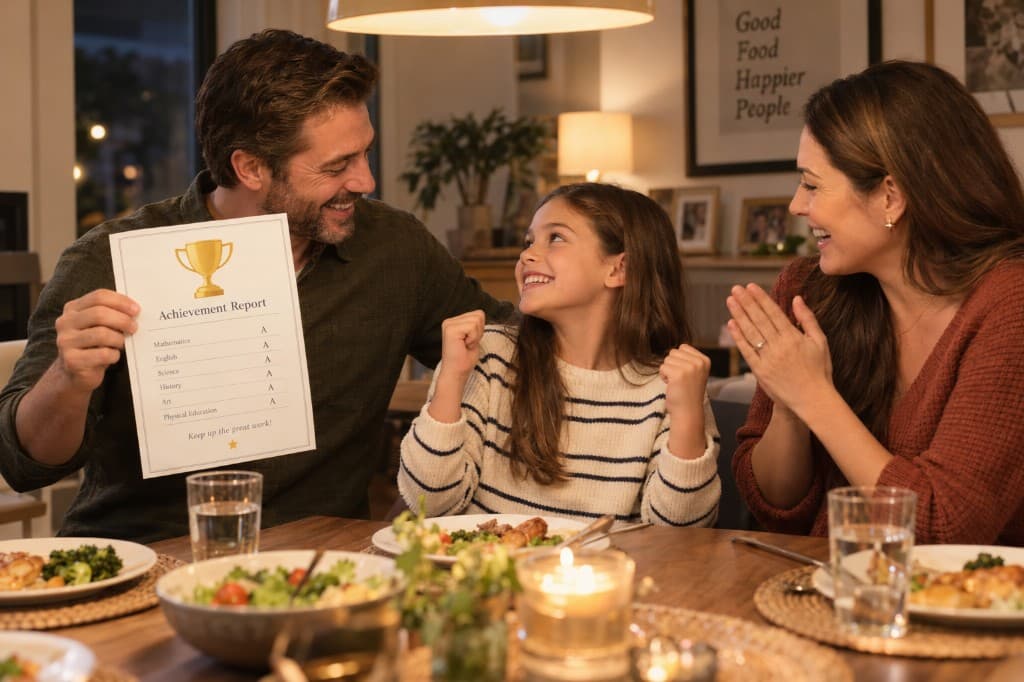 A family celebrating an achievement report together, standing in for insight reports rather than surveillance